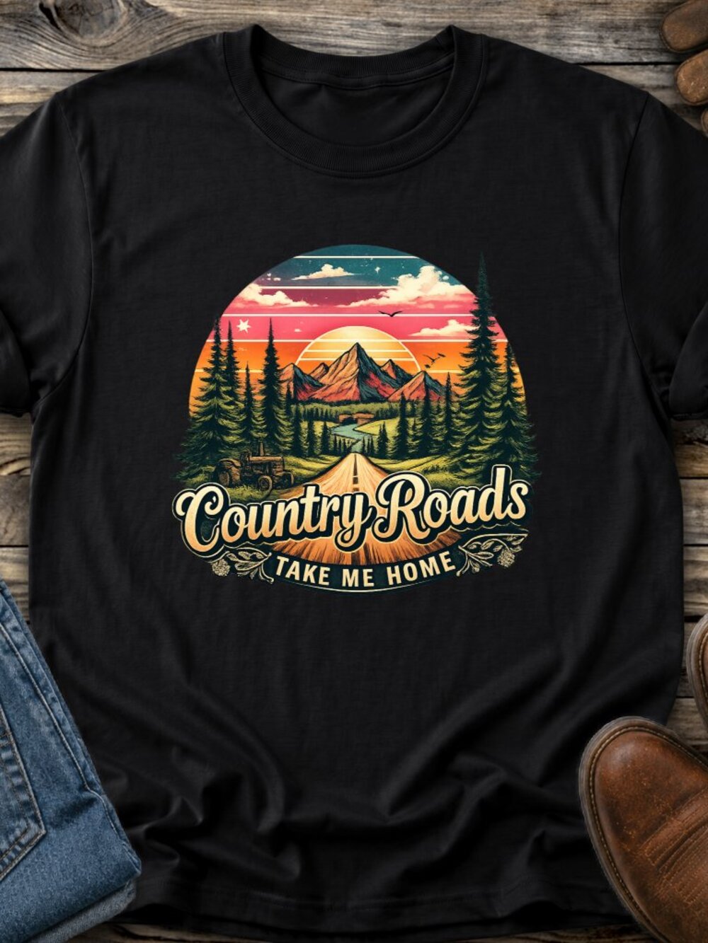 Country Roads Take Me Home Tshirt Graphic Tee Adult Unisex Nature Western Farm